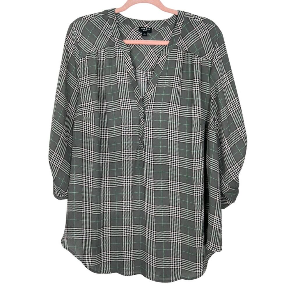 Torrid Harper Gray Plaid A-line Lightweight 3/4" Sleeves V-neck Blouse‎ Size 3